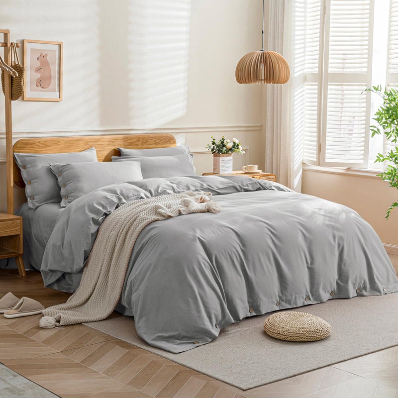 JELLYMONI Cotton Duvet Cover King Size - Light Gray Comforter Cover with Button 100% Washed Cotton 3PCS Breathable Soft Solid Bedding Set Duvet Cover 104Ã—90in & 2 Pillowcases (NO Comforter) - Image 3